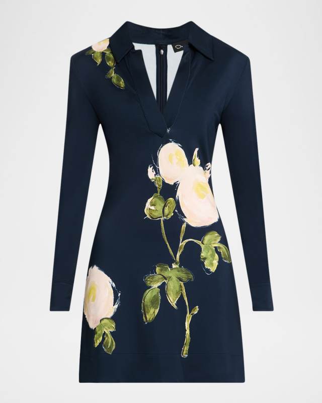 Long-Sleeve Painted White Roses Milano Jersey Mini Dress